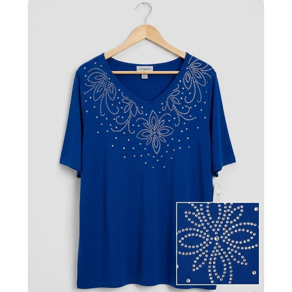 Catherines Royal Blue Rhinestone V-Neck Short Sleeve Top 3X Plus Size NEW